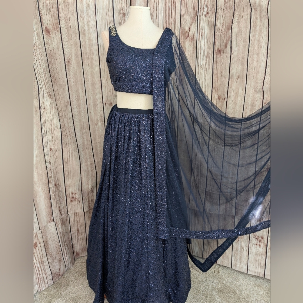 Elegant Navy Blue Sequin Lehenga Set